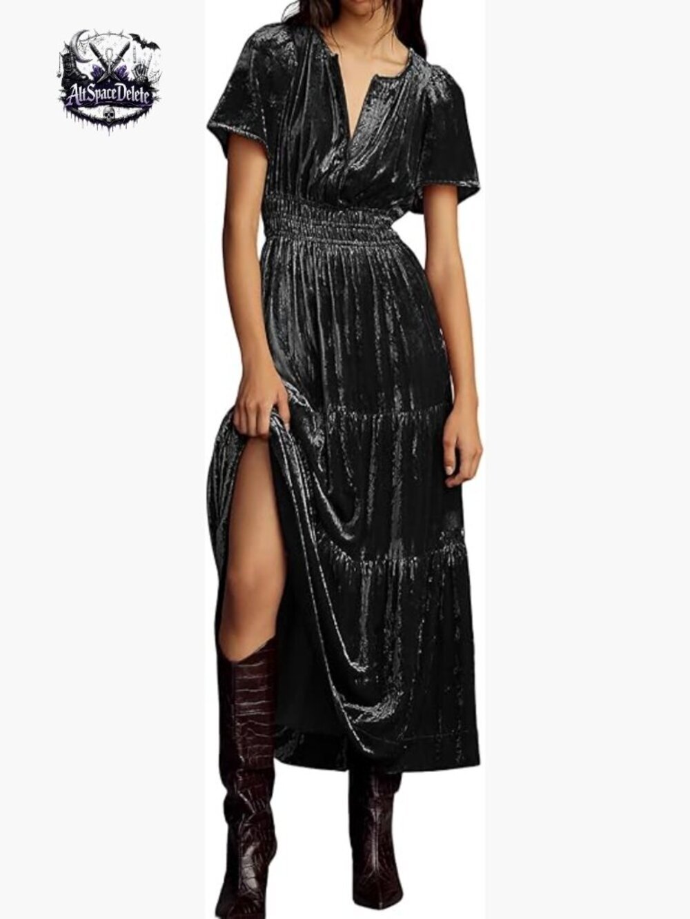 Vintage Velvet Maxi Dress with Elastic Waist and Tiered Ruffle A-Line